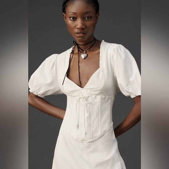 Maeve Anthropologie Puff-Sleeve Corset Linen Midi Dress - White Size Large - Picture 3 of 16